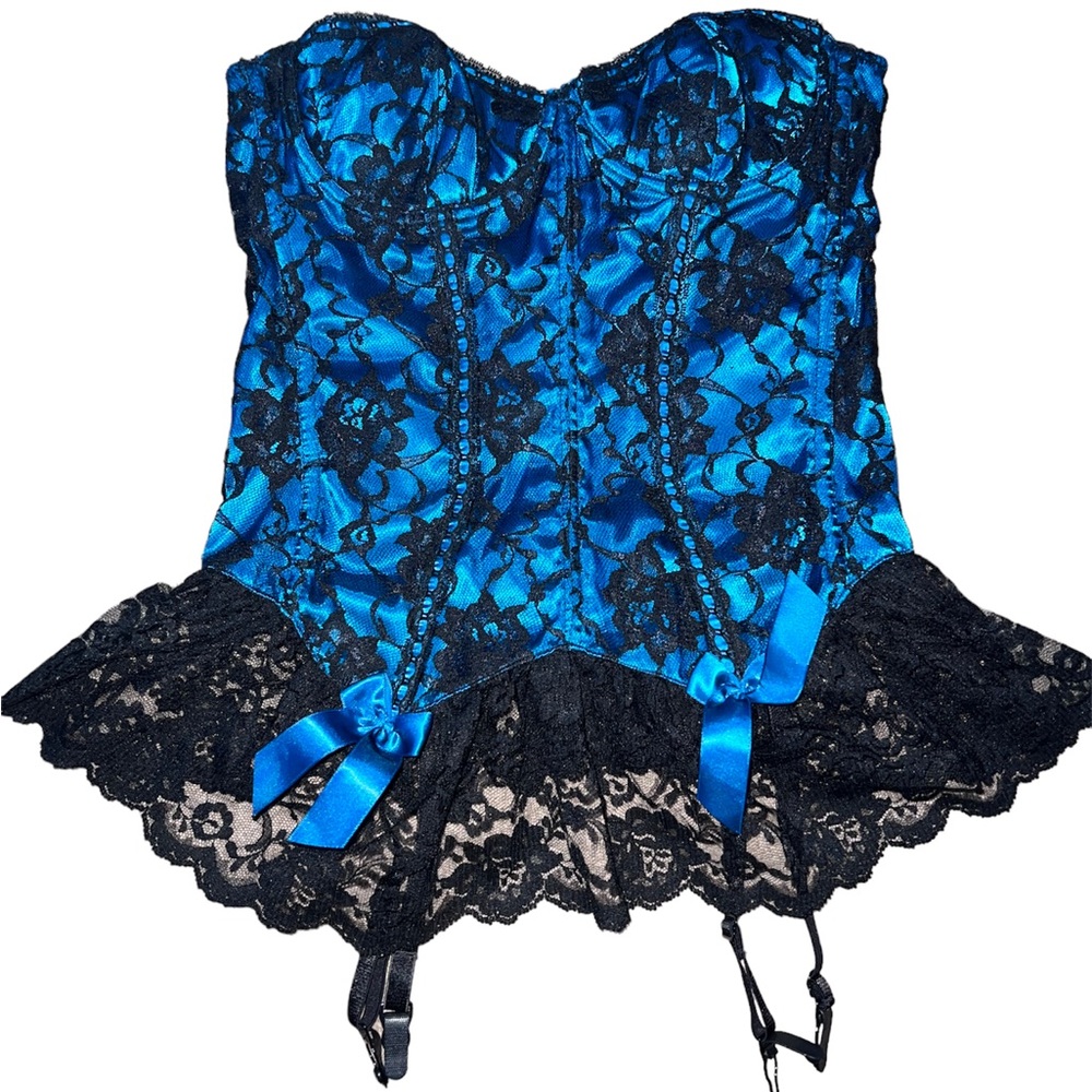 black and blue lace frederick’s of hollywood bustier corset